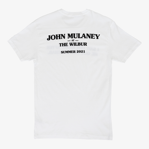 Rear view of white shirt with black text "JOHN MULANEY AT THE WILBUR SUMMER 2021"