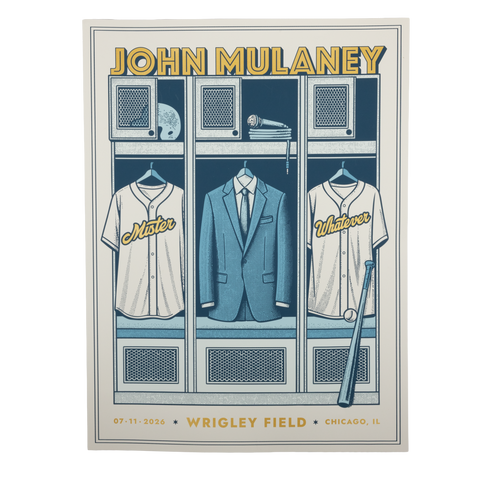 A poster featuring an illustrated baseball locker room scene with the text 'JOHN MULANEY' at the top and 'WRIGLEY FIELD • CHICAGO, IL' at the bottom. The design shows blue lockers with a suit, two white baseball jerseys with yellow script, a helmet, a microphone, and a bat.