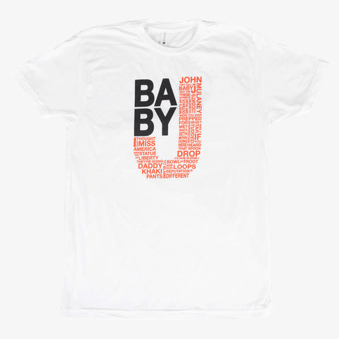 White shirt with red and black text "BABY J"