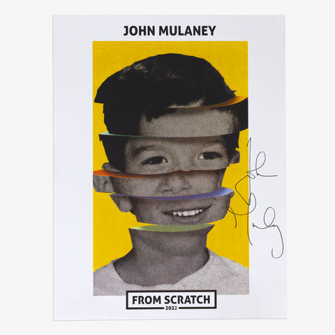 Signed poster of John Mulaney as a kid with text "JOHN MULANEY FROM SCRATCH 2022"
